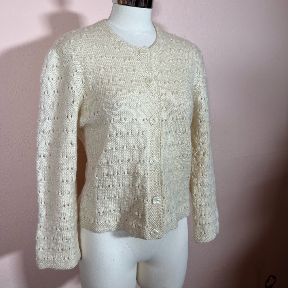 Vintage 1950 white cream crochet lace knit wool mohair cardigan sweater